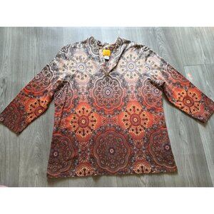Ruby Rd. Womens XL Paisley V-Neck Top Cotton Blend Brown & Orange